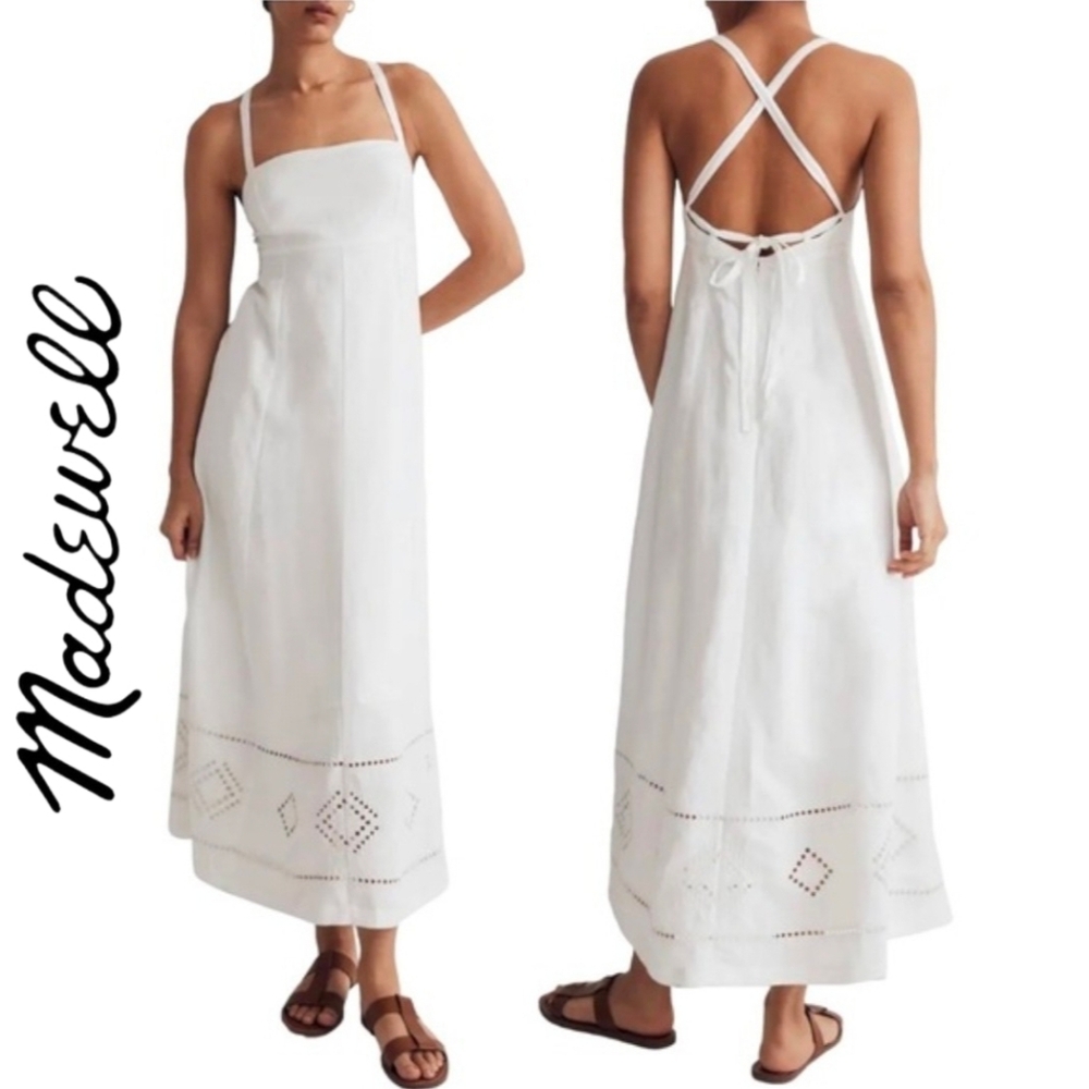 Madewell Embroidered Eyelet Tie Back Cami Midi Dress in White Sz 14 XL NWT